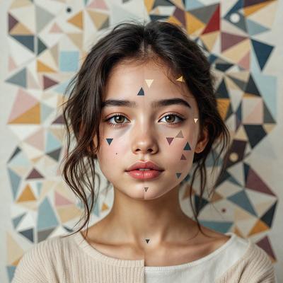 The primary subject of the image is a young woman with a unique and artistic appearance. She has a triangle pattern painted on her face, which adds a creative and visually striking element to her look. The setting is a room with a backdrop of a colorful wall, which further enhances the visual style of the image. The overall atmosphere is one of artistic expression and individuality.